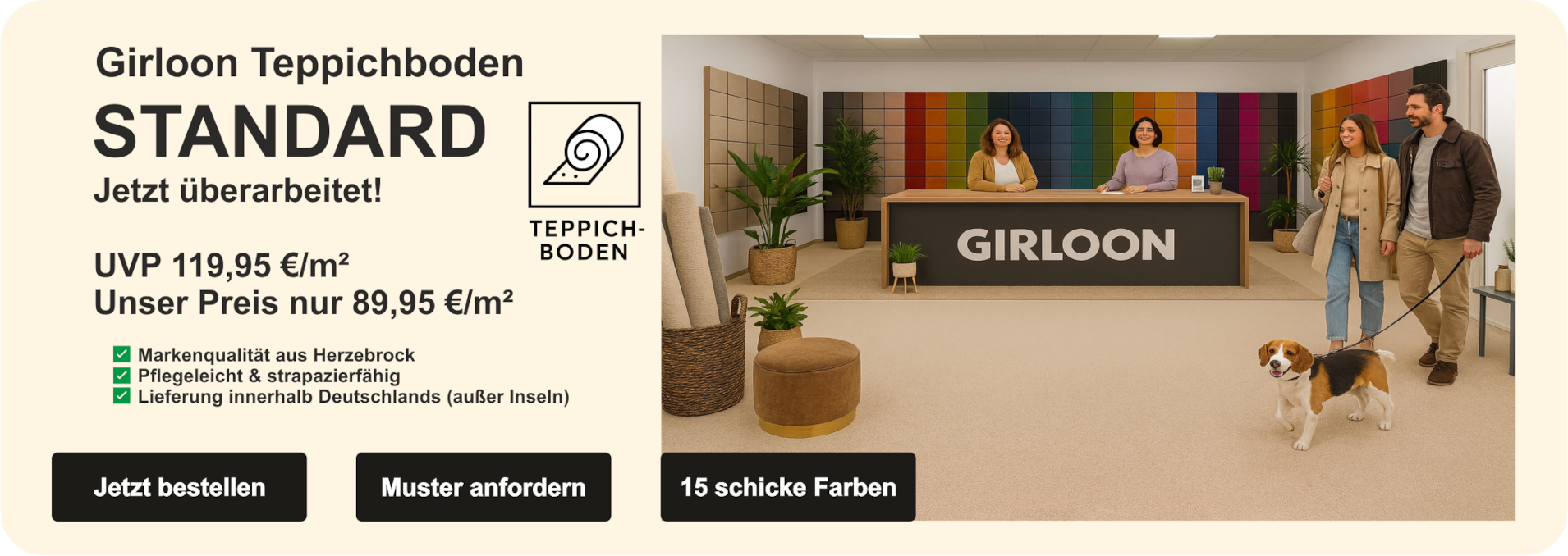 „Kategoriebild für Infloor-Girloon Standard Teppichboden Webware in beige verlegt